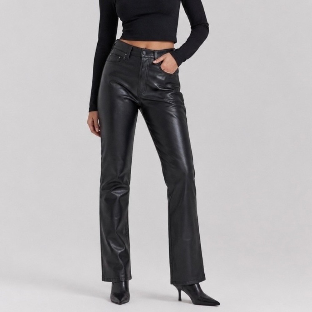 Mother High Waisted Rider Ankle Vegan Leather Pants Black Wax On Wax Off Size 25